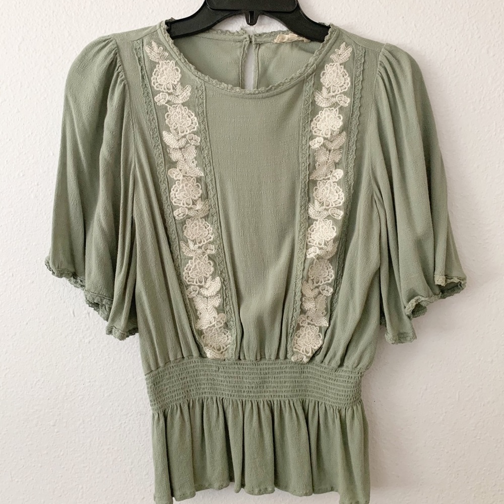 Mod Boutique Sage Green Peplum Embroidered Top S